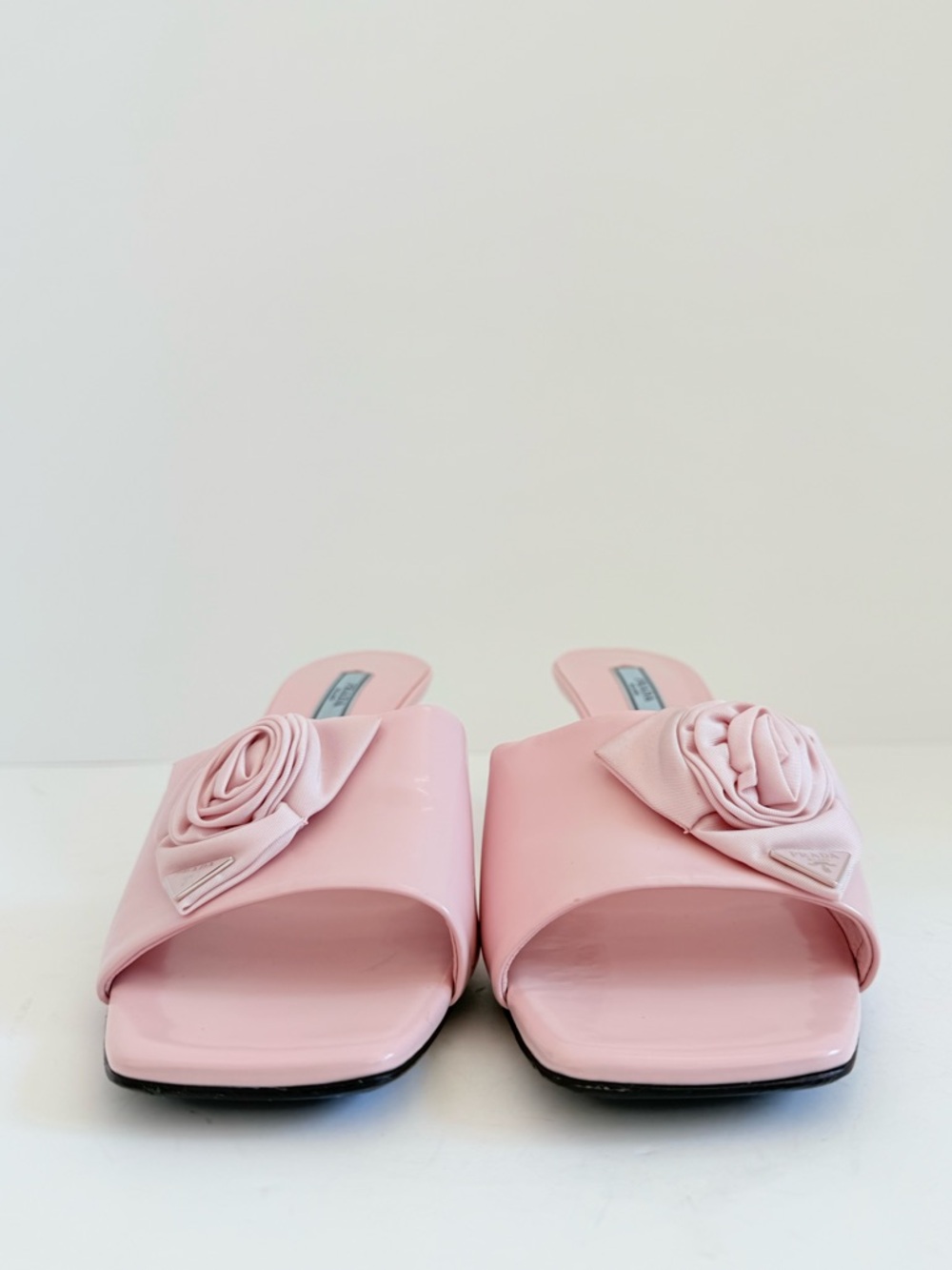 Prada Pink Rosette Triangle logo Square Toe slide Mule kitten Heels EU 39 US 9 - Picture 3 of 13